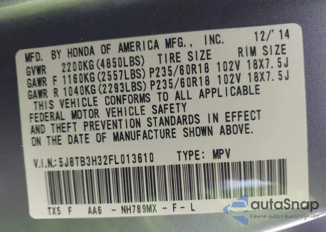 2015 Acura Rdx from USA, damaged, VIN 5J8TB3H32FL013610